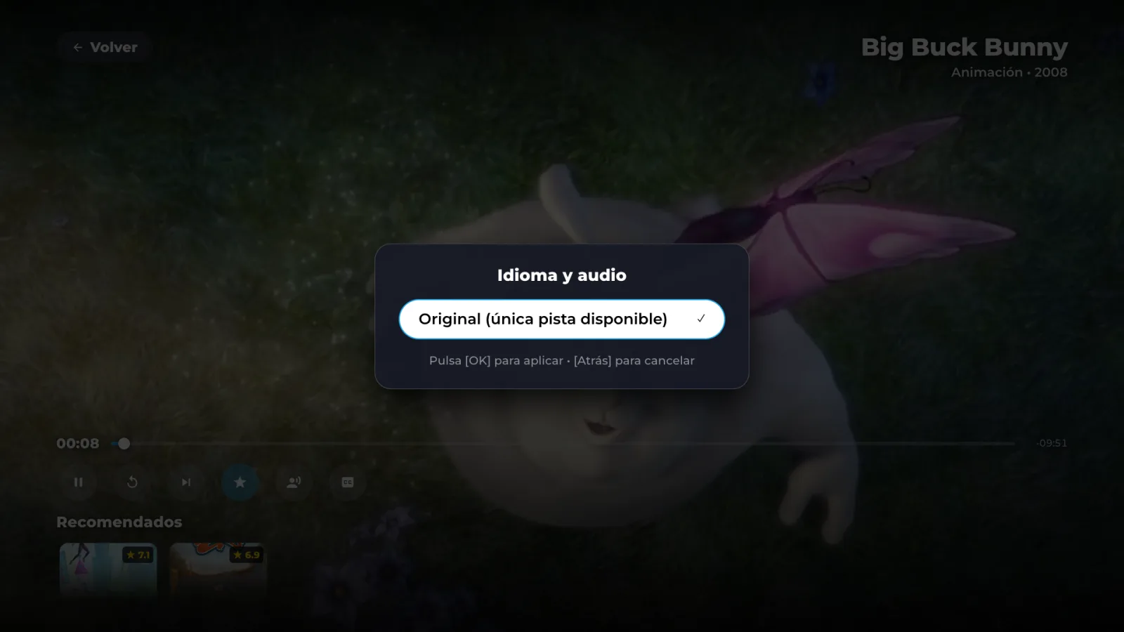 Menú de audio y subtítulos